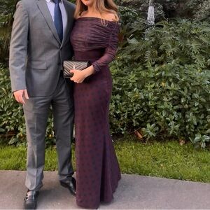 REVOLVE Off-Shoulder Maxi Dress in Wine and Navy Dot